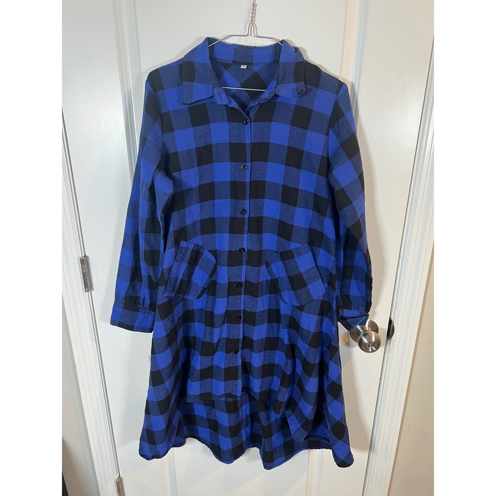 Unbranded Womens Shirt Dress Buffalo Plaid High Low Hem Blue Black Size L